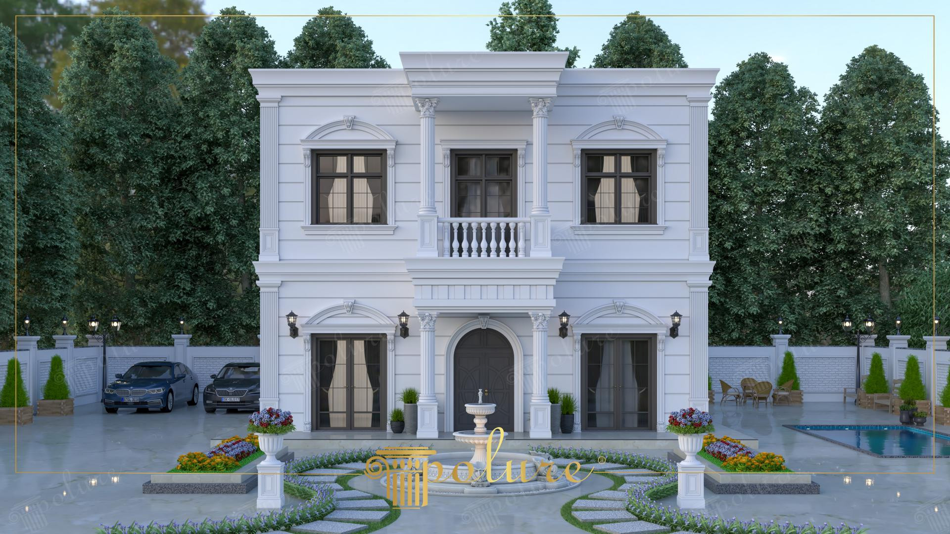 Fațadă albă simetrică de vilă cu fronton, coloane și fântână în curte
