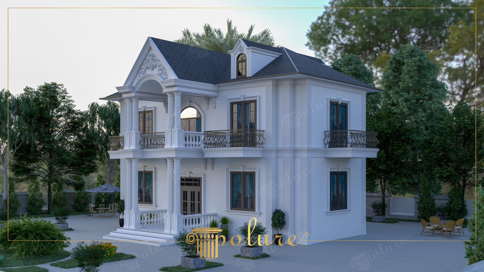 Fațadă laterală de vilă clasică albă cu fronton, coloane și balcoane cu balustradă