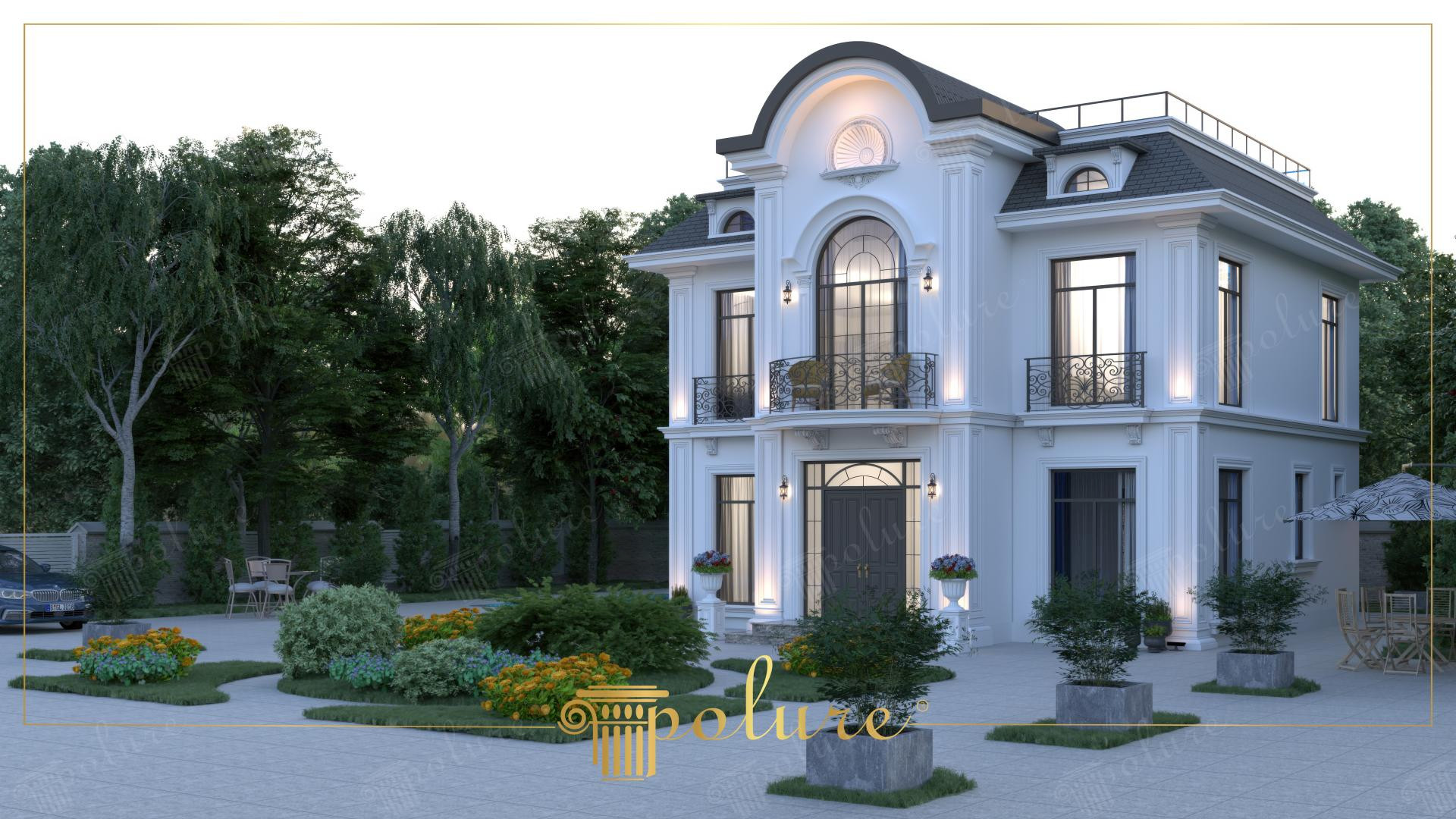 Vilă albă văzută în unghi cu atic curbat, medalion decorativ și fereastră arcuită