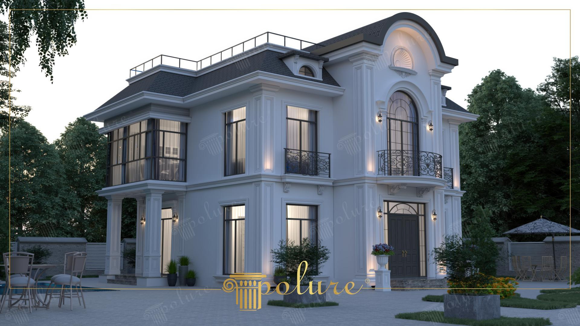 Vilă albă în unghi cu atic în boltă, verandă vitrată laterală și portic cu coloane