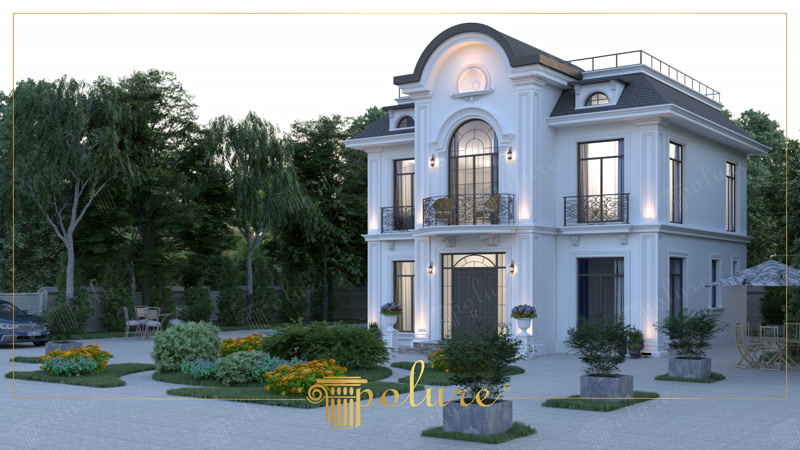 Vilă modernă cu turn curbat și medalion decorativ