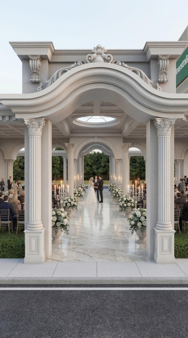 Portic de ceremonie cu coloane corintice, arc ondulat și candelabre cu trandafiri albi