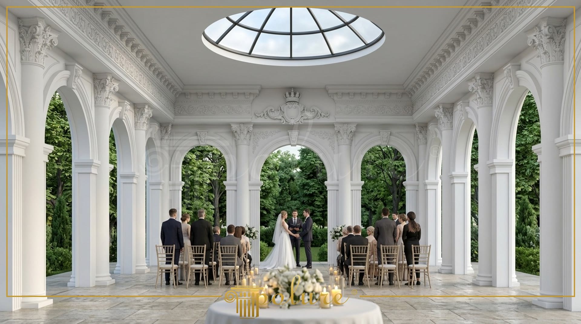 Interior de sală de ceremonie alb cu cupolă casetată, arcade și luminator rotund