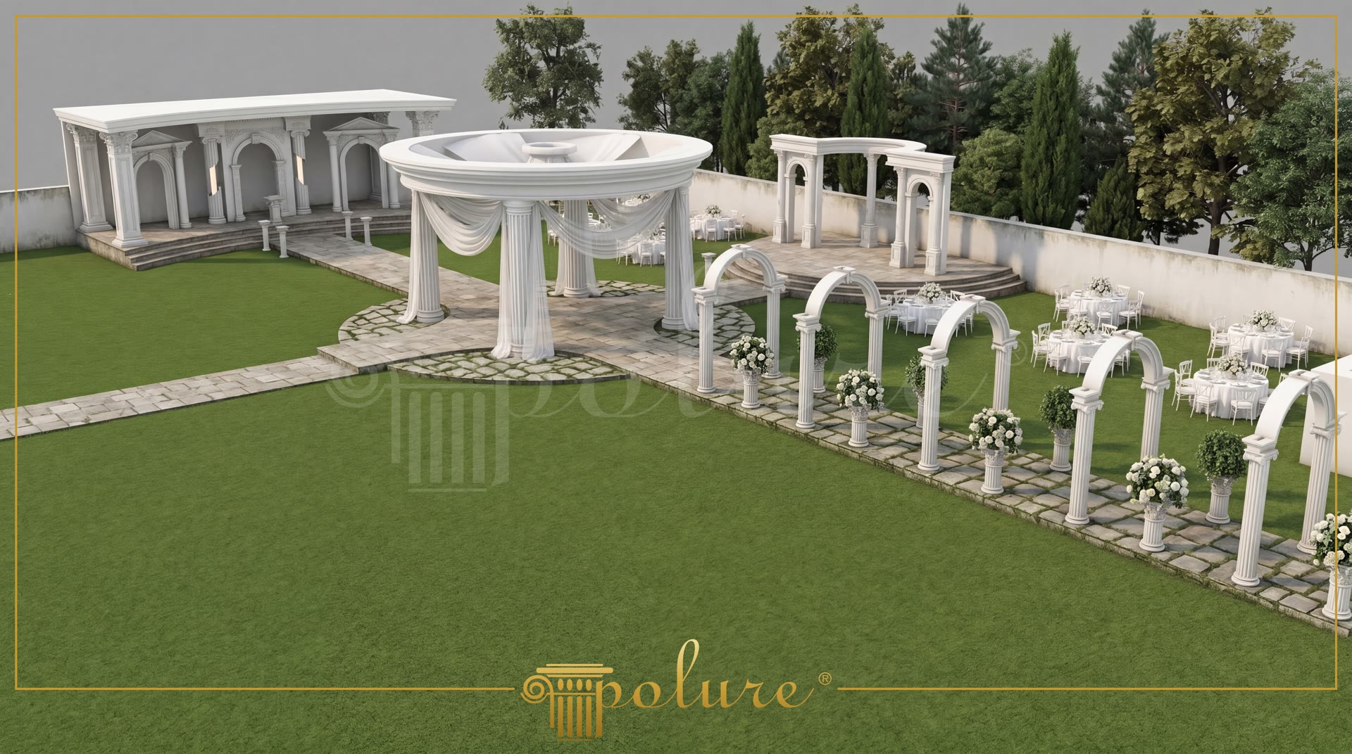 Vedere de ansamblu a unei grădini de evenimente cu colonade, baldachin și arcade din poliuretan, la Tokat