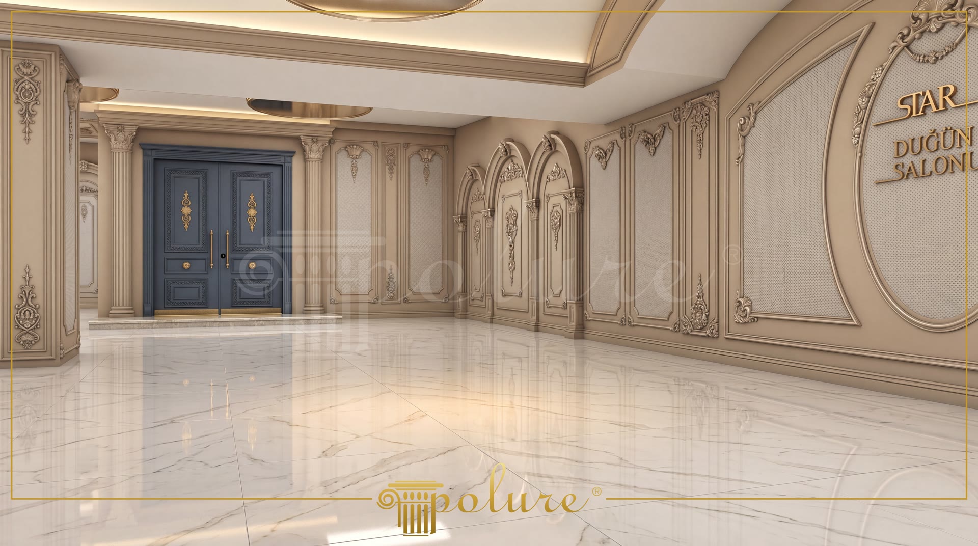 Hol de sală de evenimente cu panouri decorative, medalion oval și coloane corintice din poliuretan, marmură lustruită