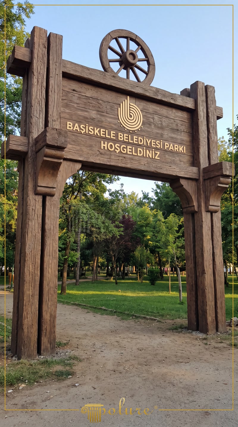Poartă rustică din lemn la intrarea unui parc public