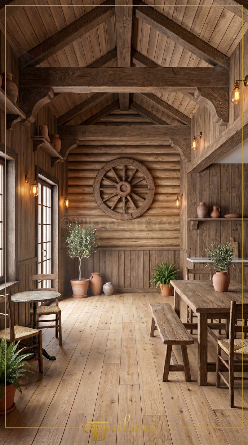 Interior rustic din lemn cu șarpantă aparentă și roată de căruță