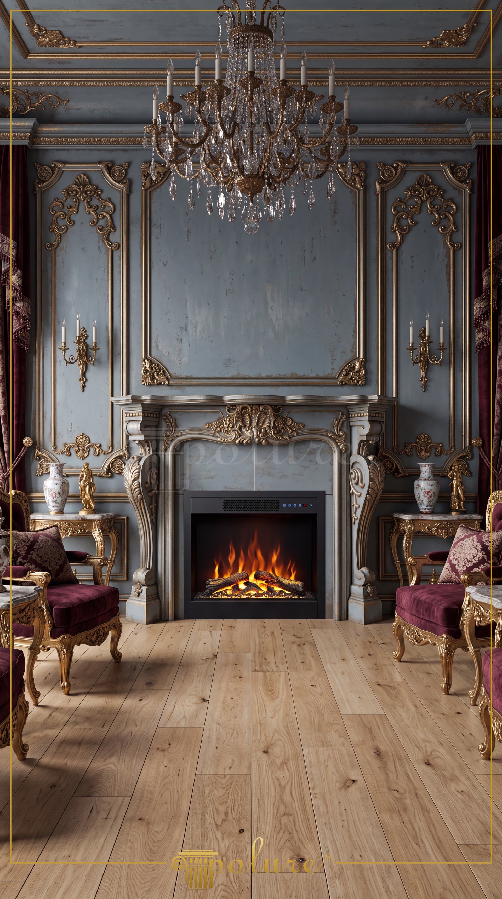 Salon în stil chateau cu șemineu de epocă și pereți patinați albastru-gri