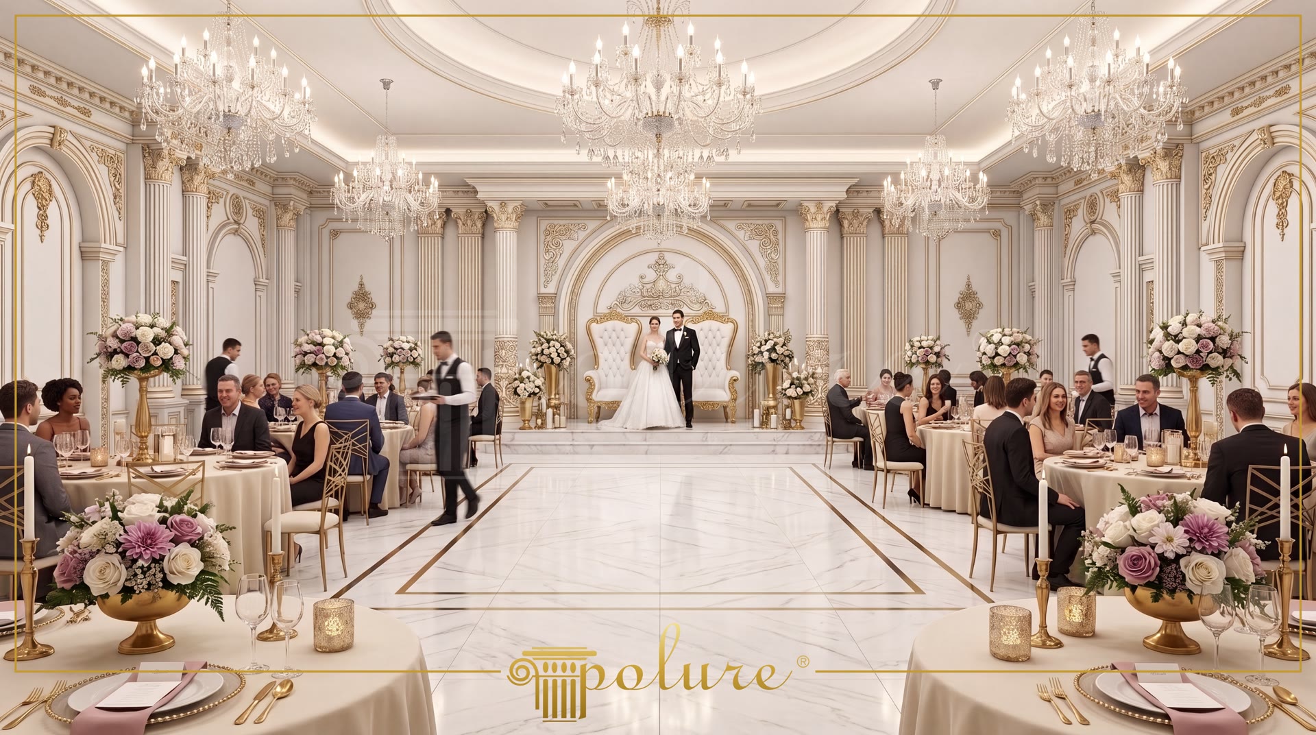 Sală de nunți alb-auriu cu tavan cupolat, candelabre și scena mirilor