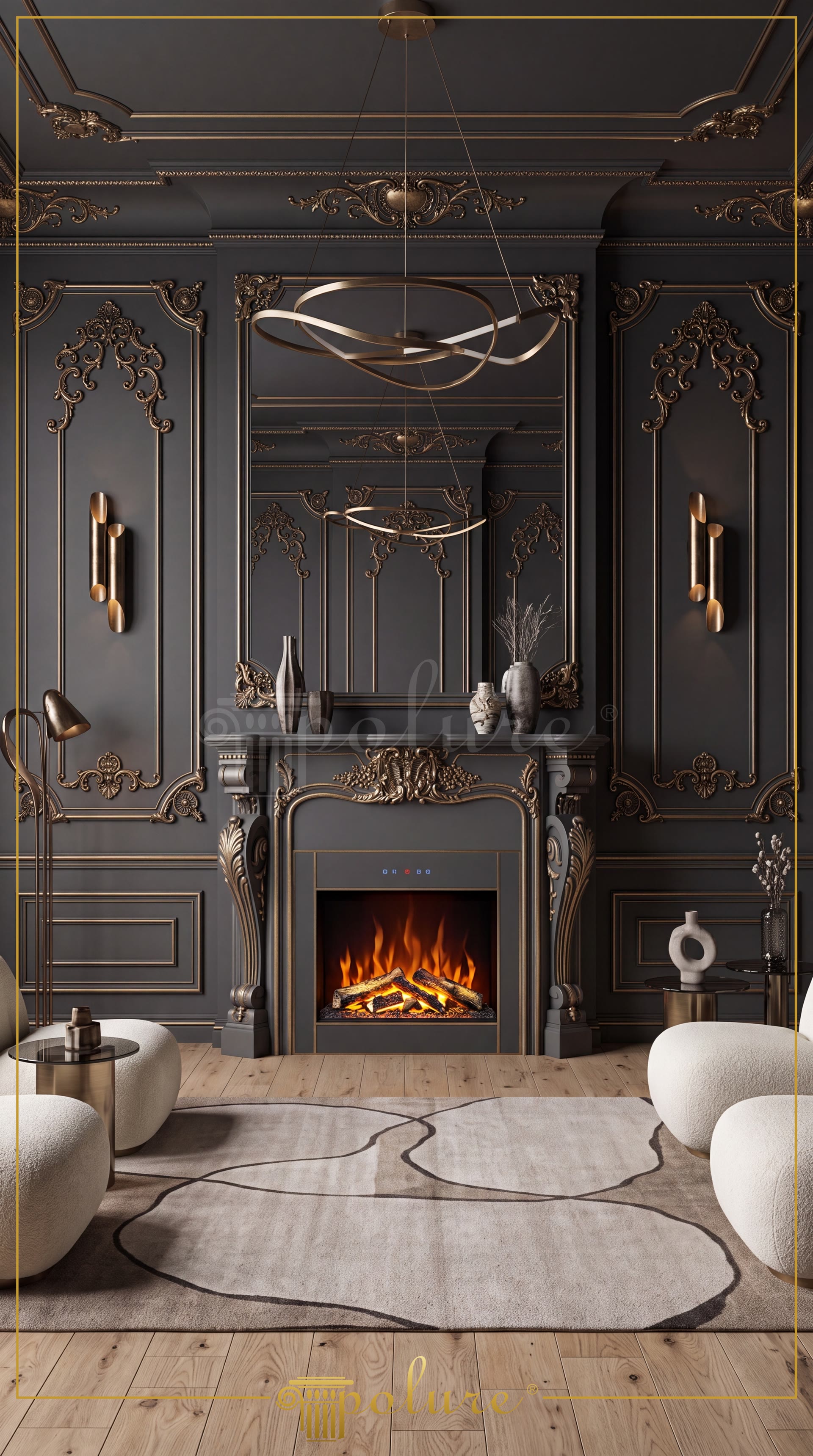 Living antracit dramatic cu șemineu decorativ și ornamente aurii din poliuretan