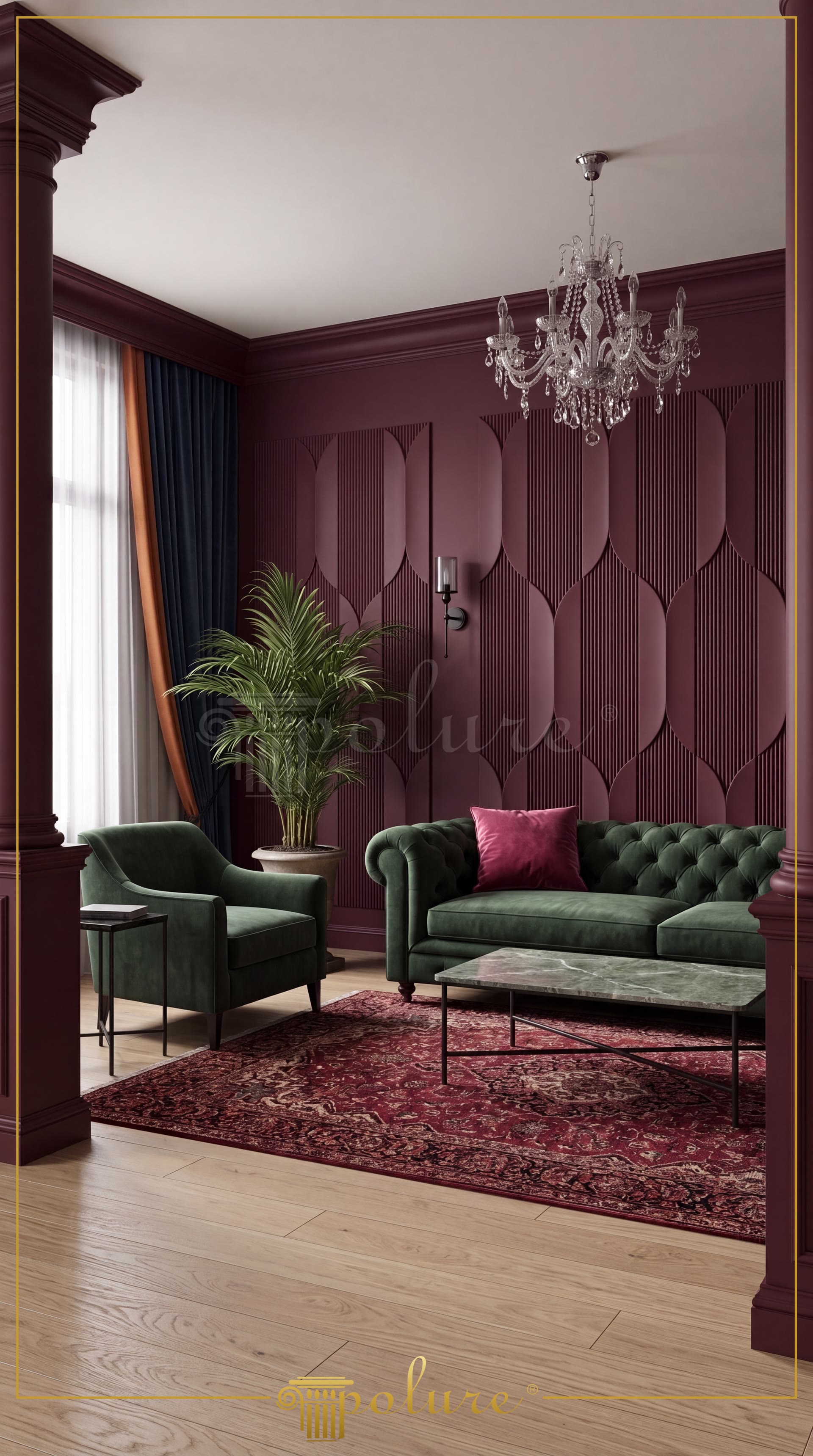 Living bordo clasic cu panouri poliuretan ton pe ton și canapea Chesterfield verde