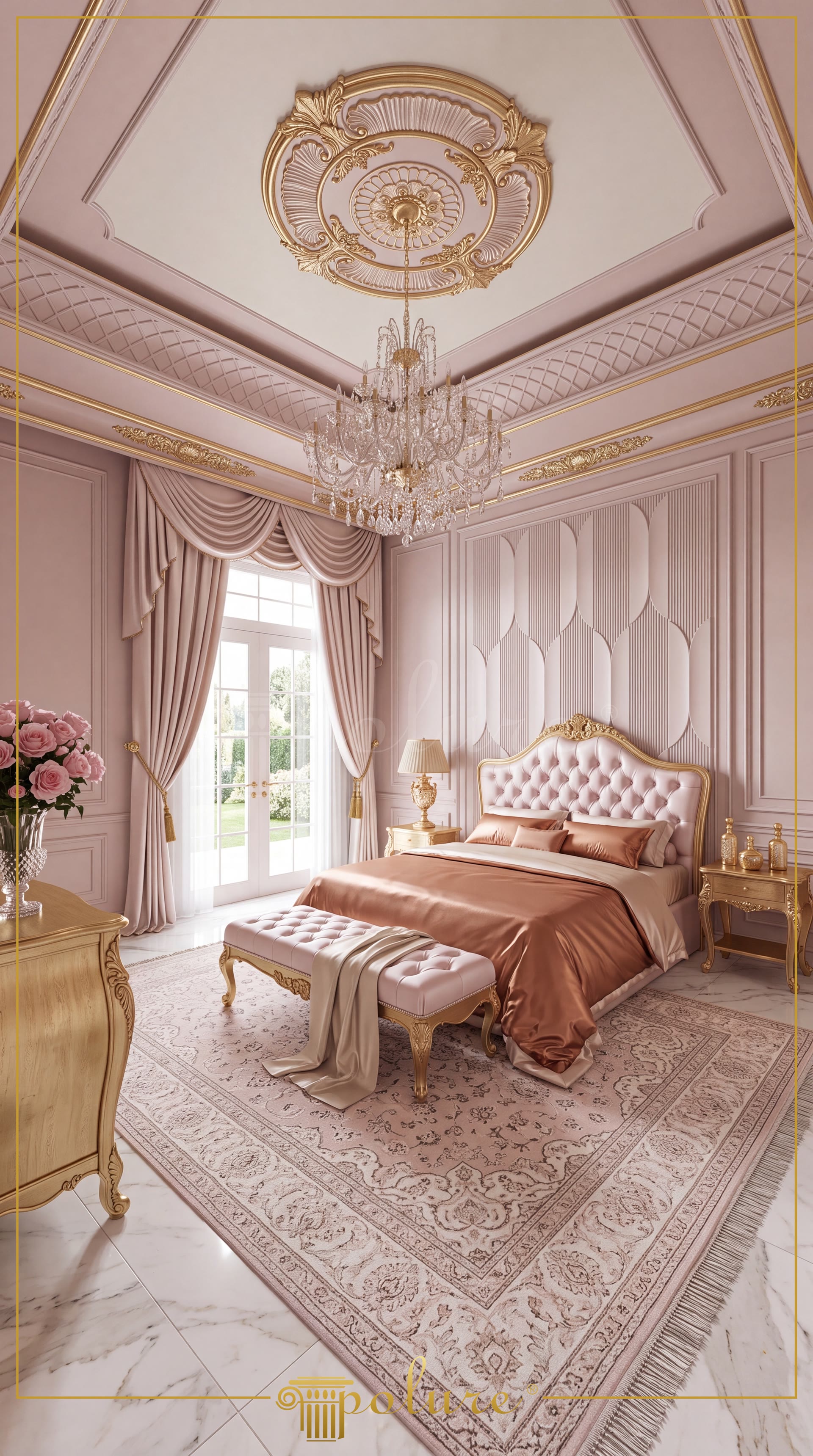 Dormitor roz cu rozetă aurie pe tavan, candelabru de cristal și panouri decorative ogivale pe perete