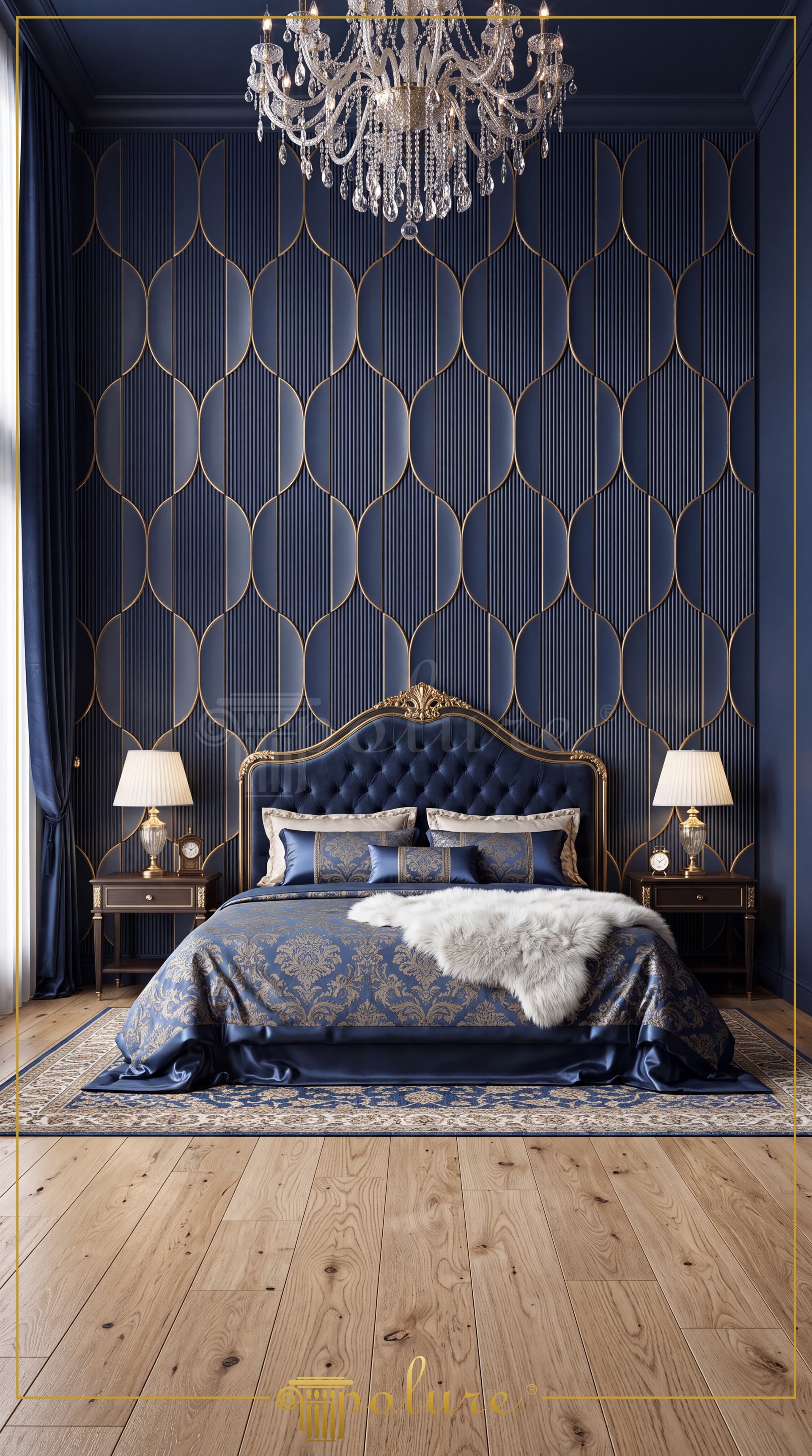 Dormitor bleumarin cu perete placat integral cu panouri decorative ogivale aurite și pat capitonat
