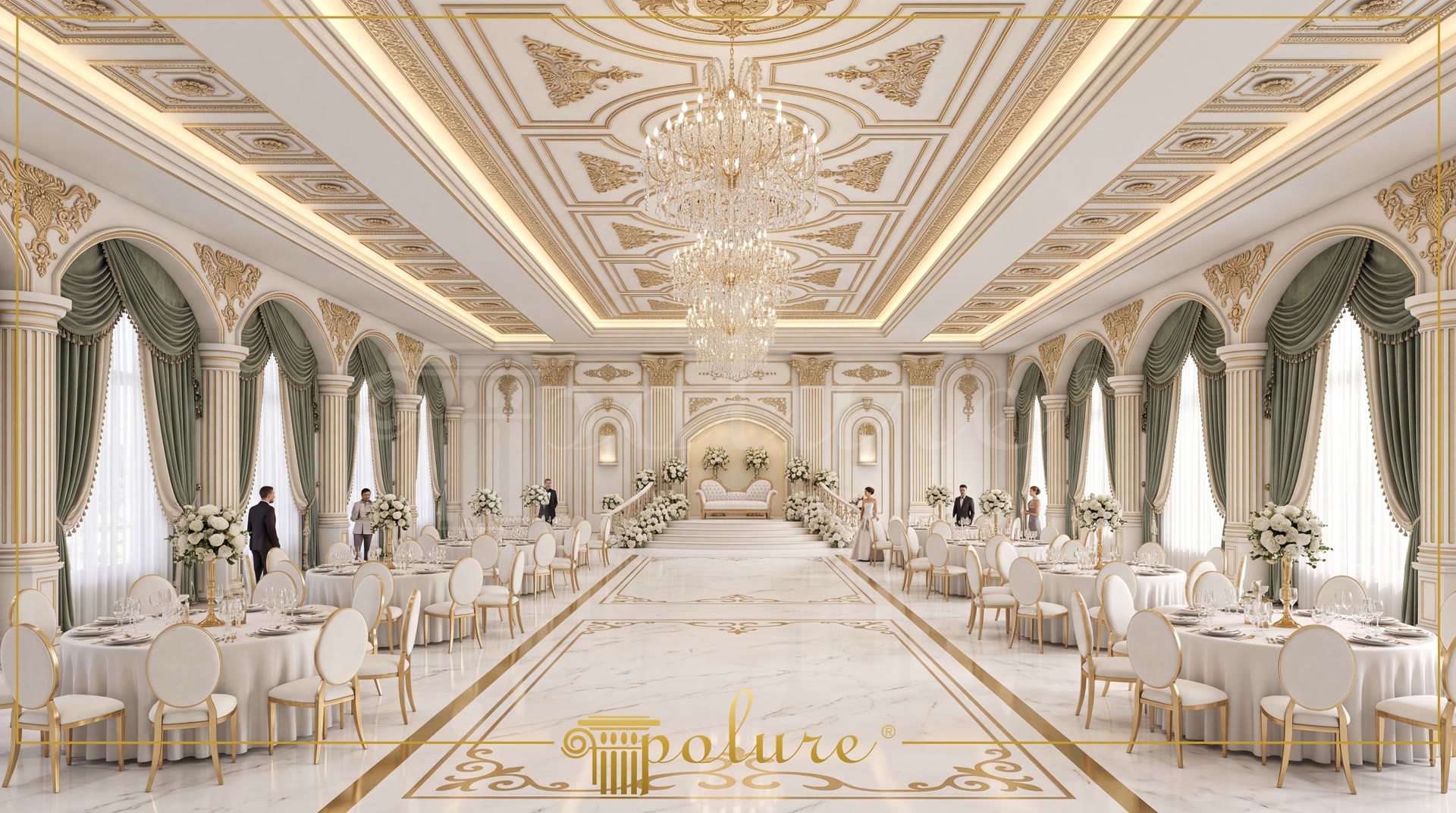 Sală de evenimente cu tavan casetat aurit, candelabre de cristal și podium
