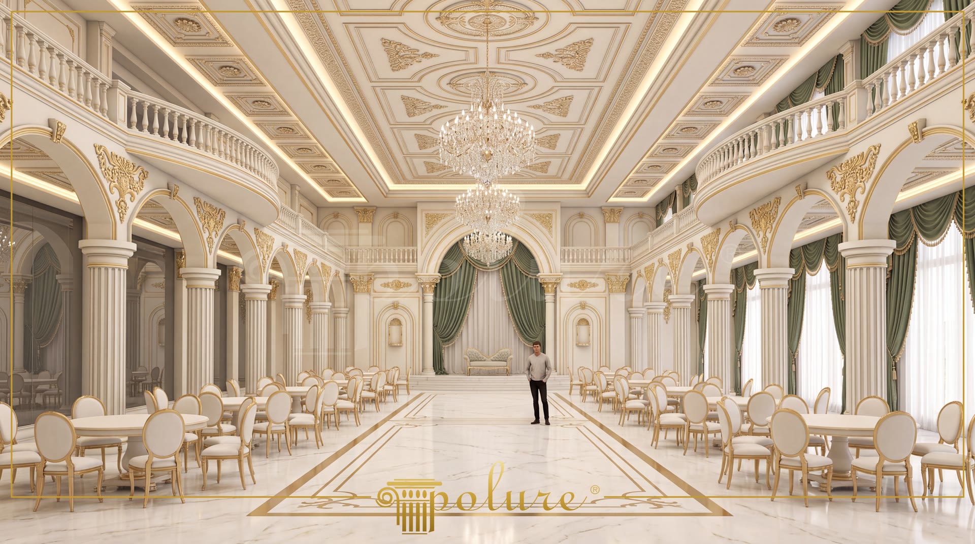 Salon de recepții cu galerie superioară, arcade de coloane și tavan aurit