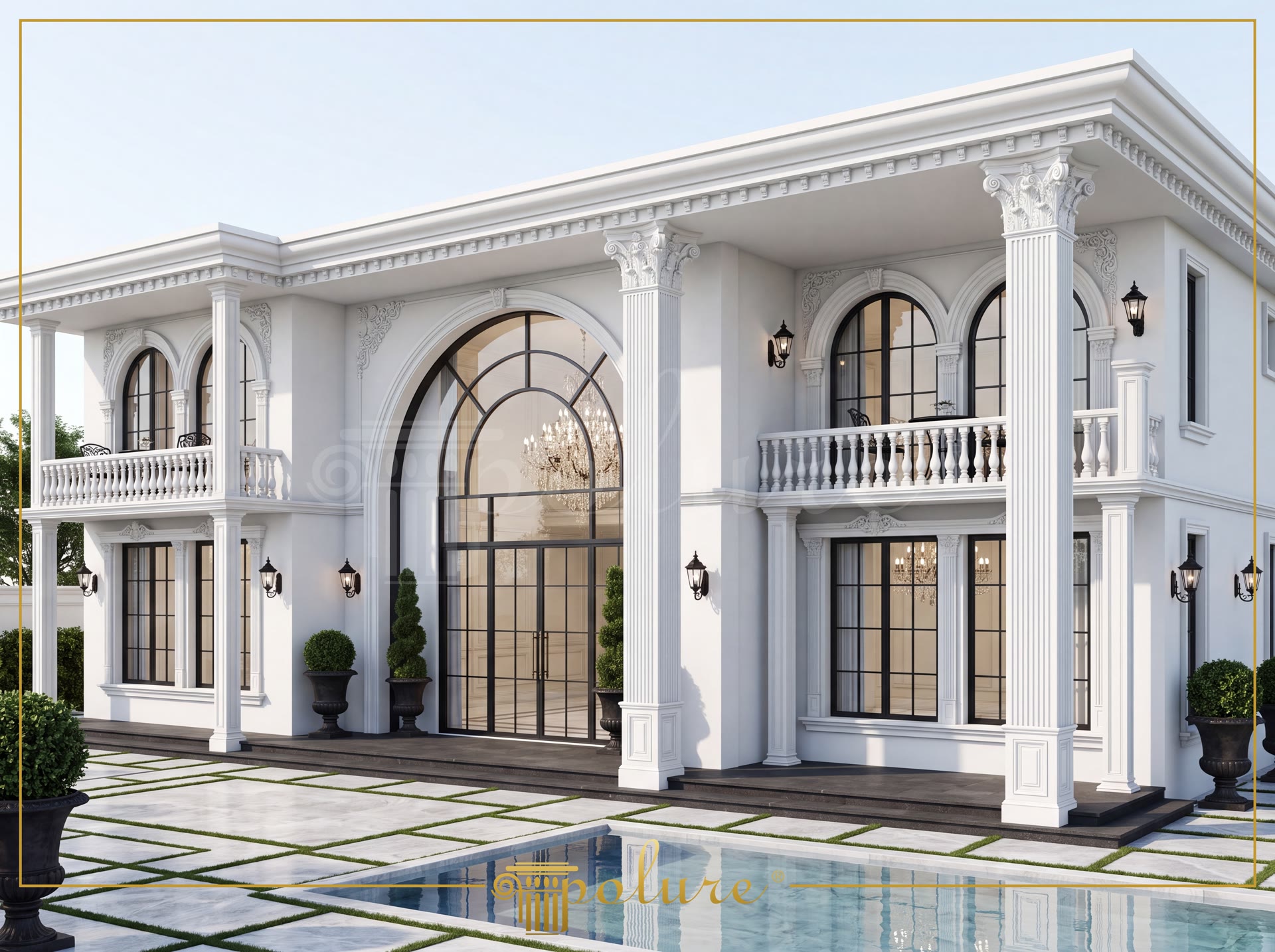 Vilă albă modern-clasică cu ferestre arcuite din oțel și piscină în Gebze