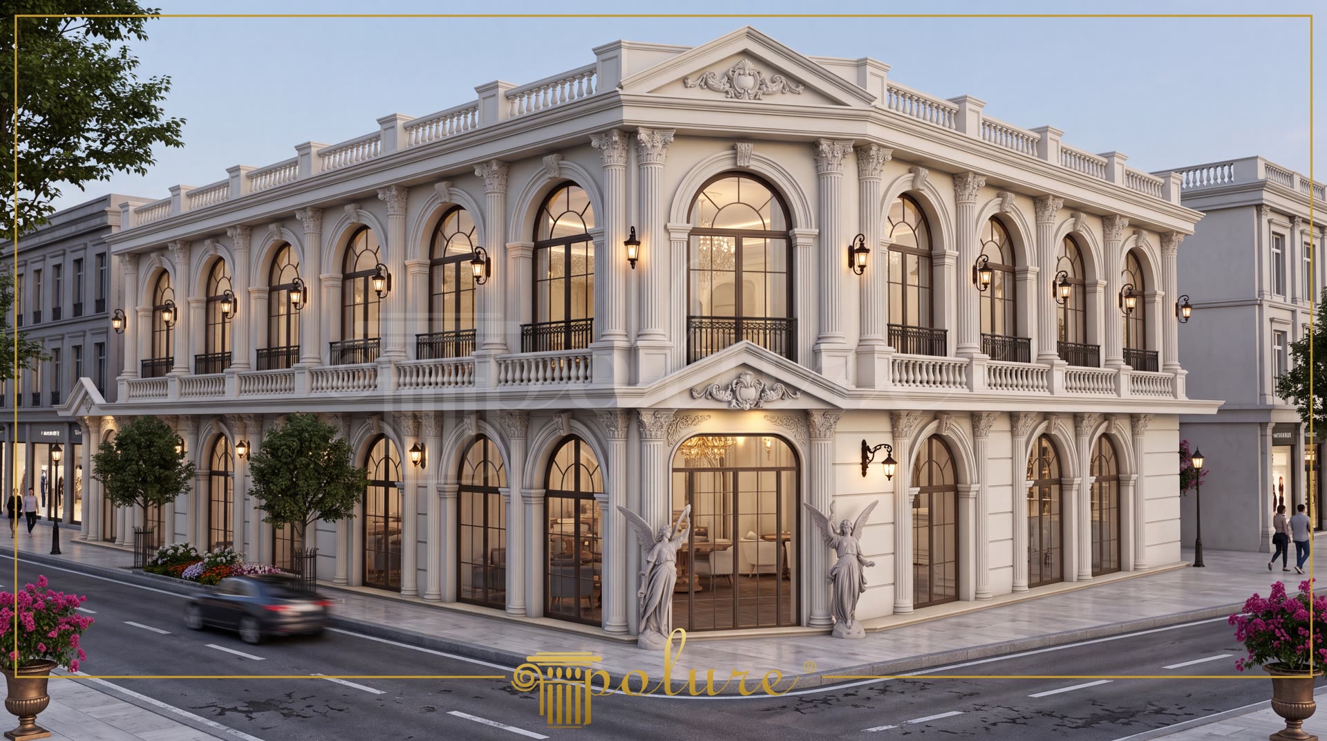 Clădire albă de colț pe două niveluri cu ferestre arcuite, balustrade, fronton și statui de îngeri