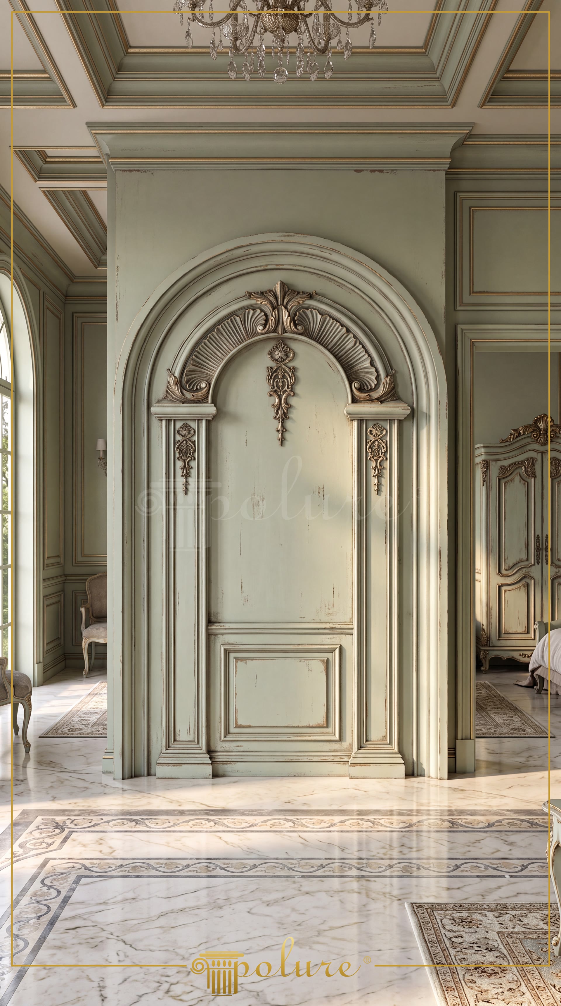 Arcadă decorativă din poliuretan cu patina verde și ornamente aurii montată pe peretele unui salon clasic.