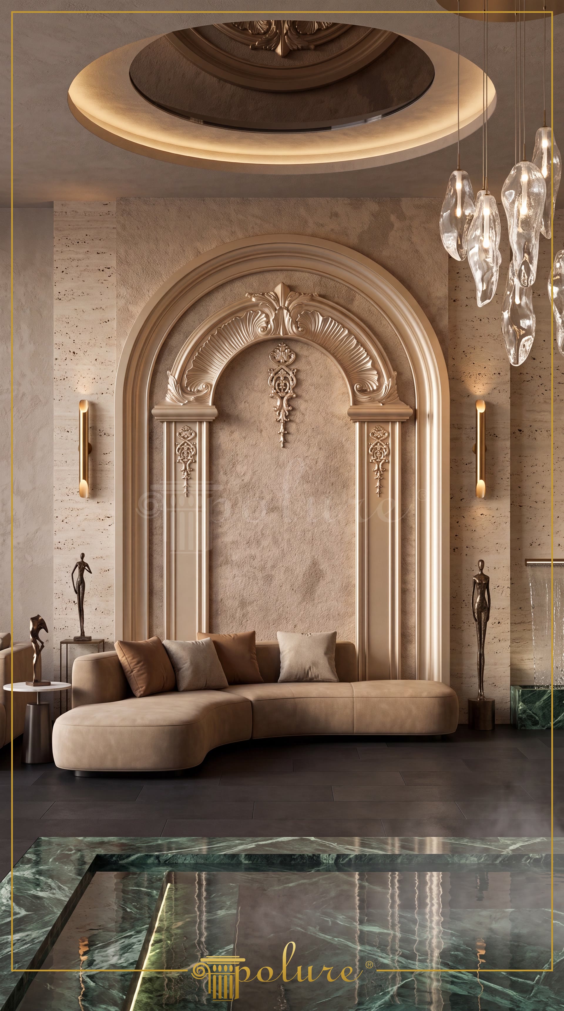 Nisă decorativă cu arcadă din poliuretan, stucaturi clasice pe perete și cupolă iluminată în living modern.