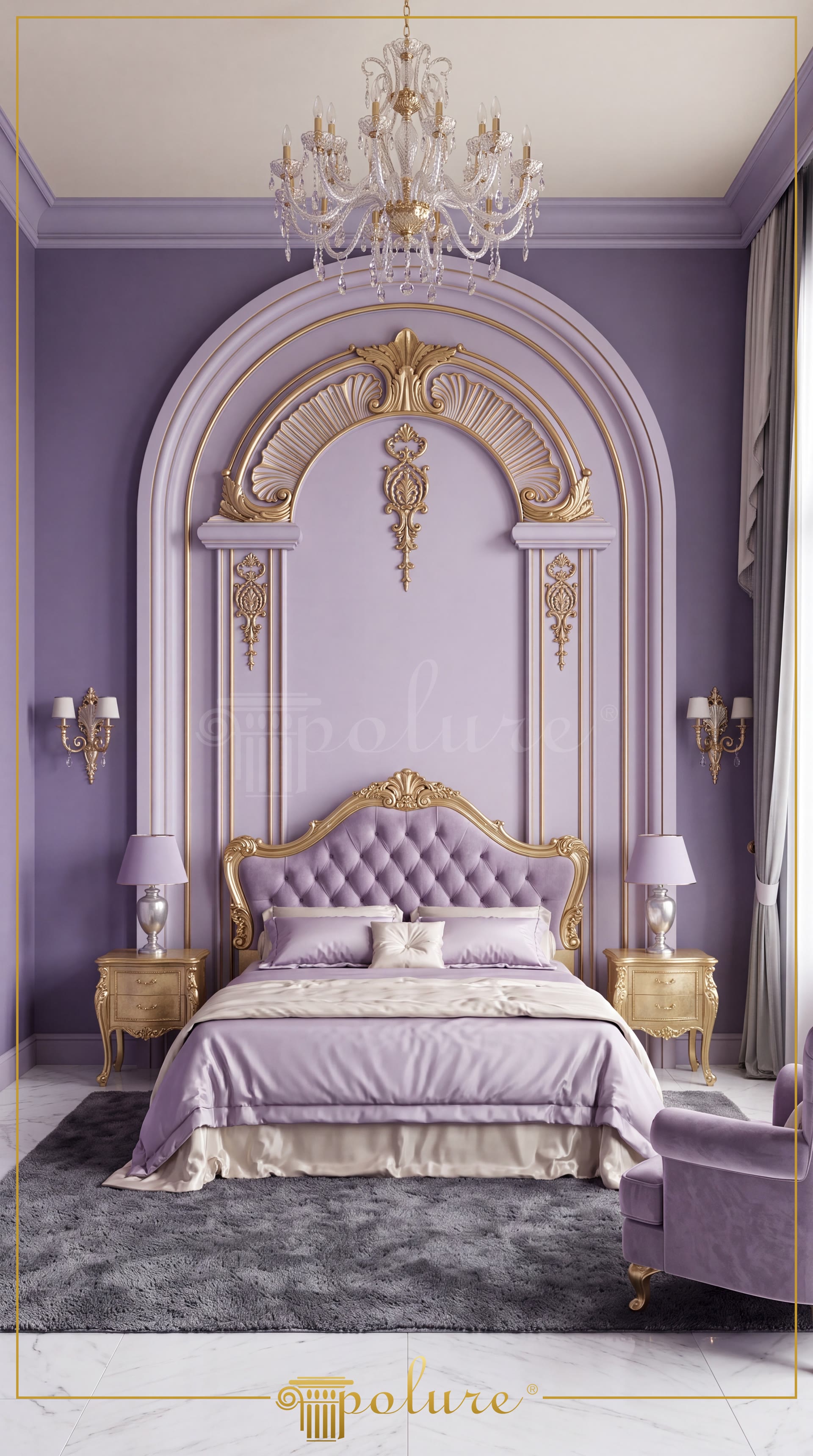 Decor clasic de dormitor în nuanțe de violet cu arcadă din poliuretan P14D30D160VI și ornamente aurii.