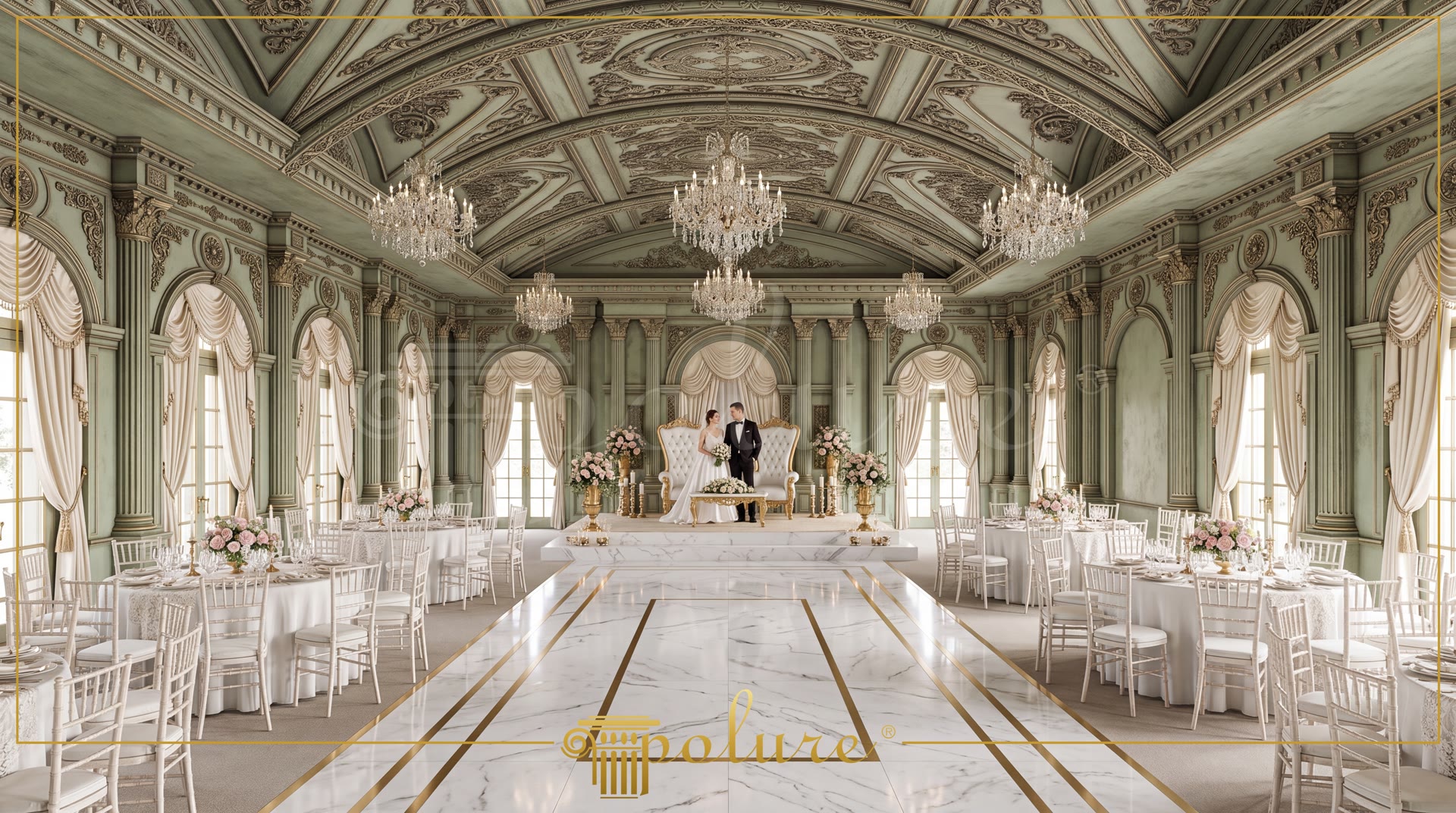 Sala de nunta clasica cu decoratiuni din poliuretan verde menta, coloane, tavan casetat si avizoare din cristal