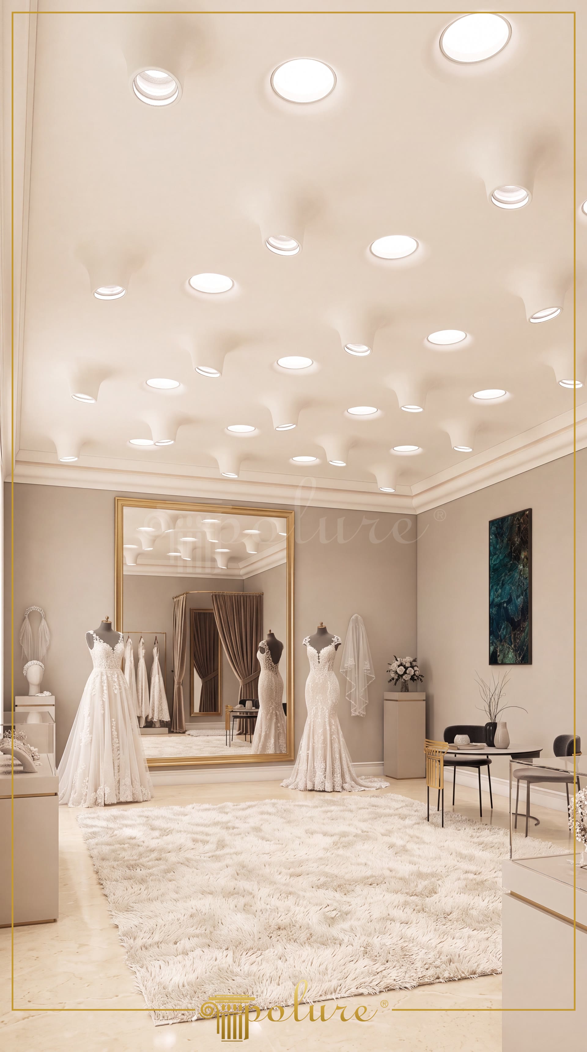 Tavan decorativ din poliuretan cu profile de iluminat încastrat PA501 și spoturi conice într-un showroom modern