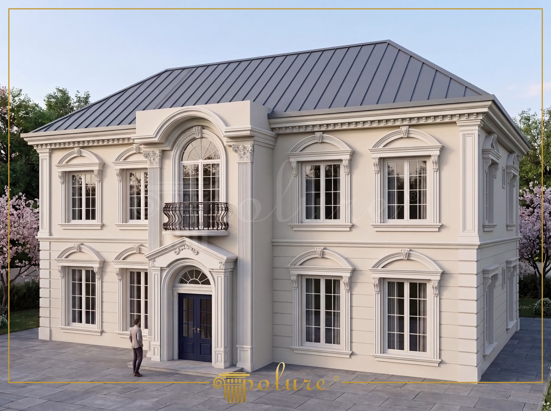 Fațadă de vilă cu ancadramente decorative din poliuretan la ferestre, arcade semicirculare și pilaștri verticali.