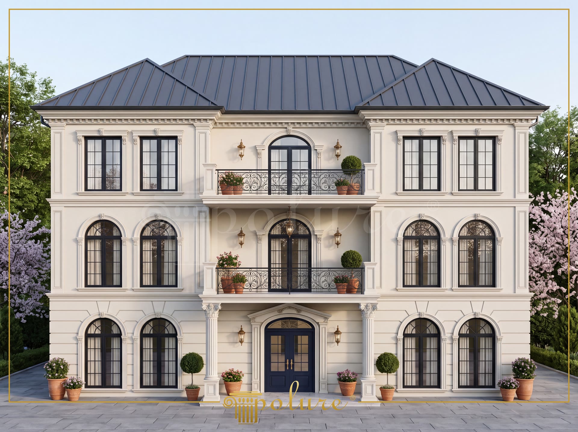 Fațadă de vilă clasică cu trei niveluri decorată cu ancadramente, arcade din poliuretan și pilastri albi.