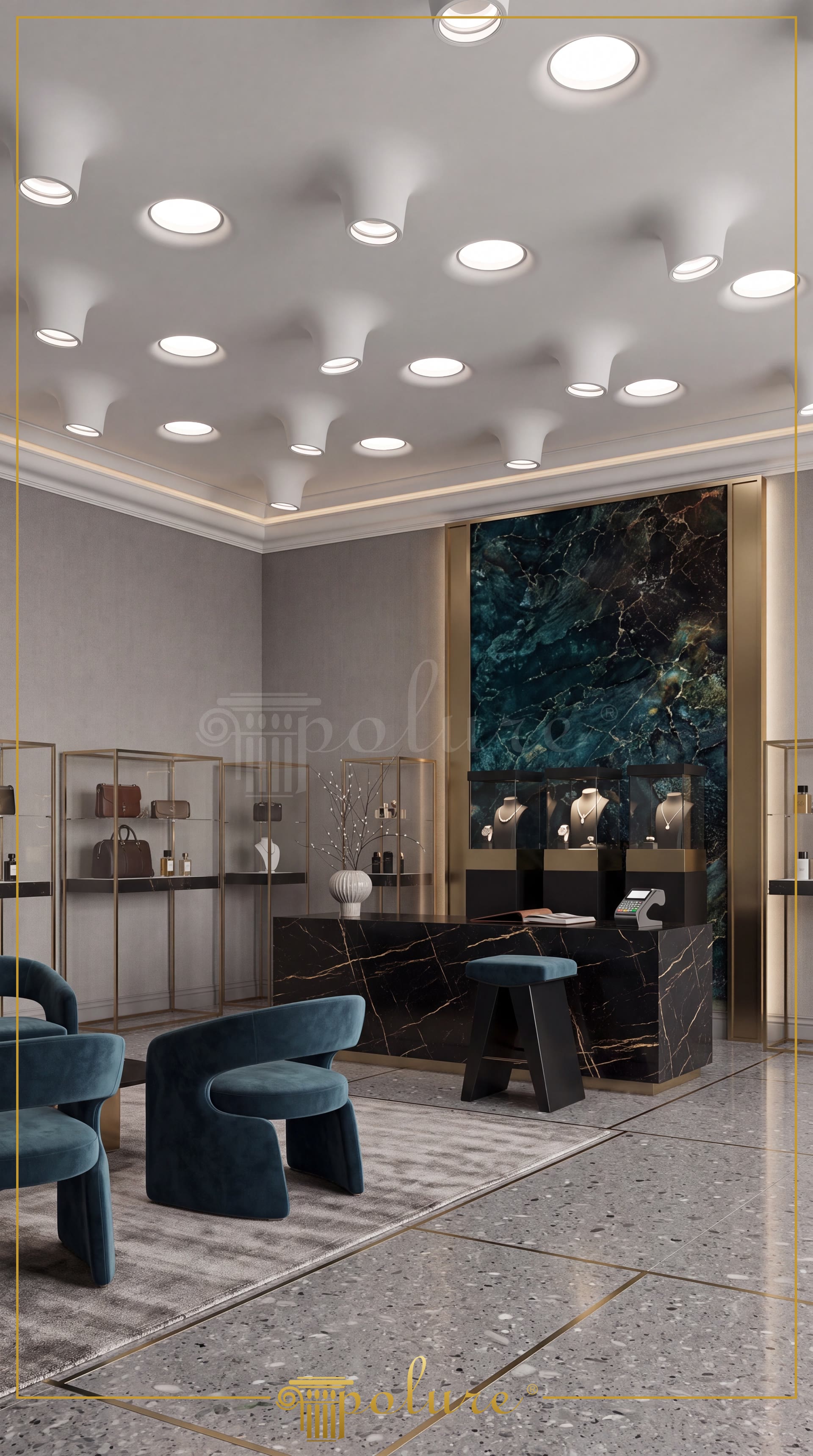Plafon decorativ din poliuretan cu profile pentru lumină ascunsă P81376, PA501 și spoturi încastrate într-un showroom