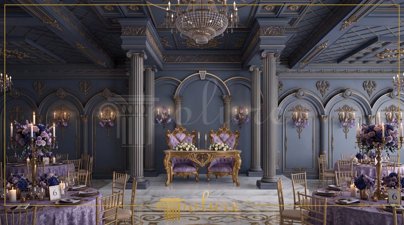 Sală albastru-lavandă cu ornamente rococo din poliuretan