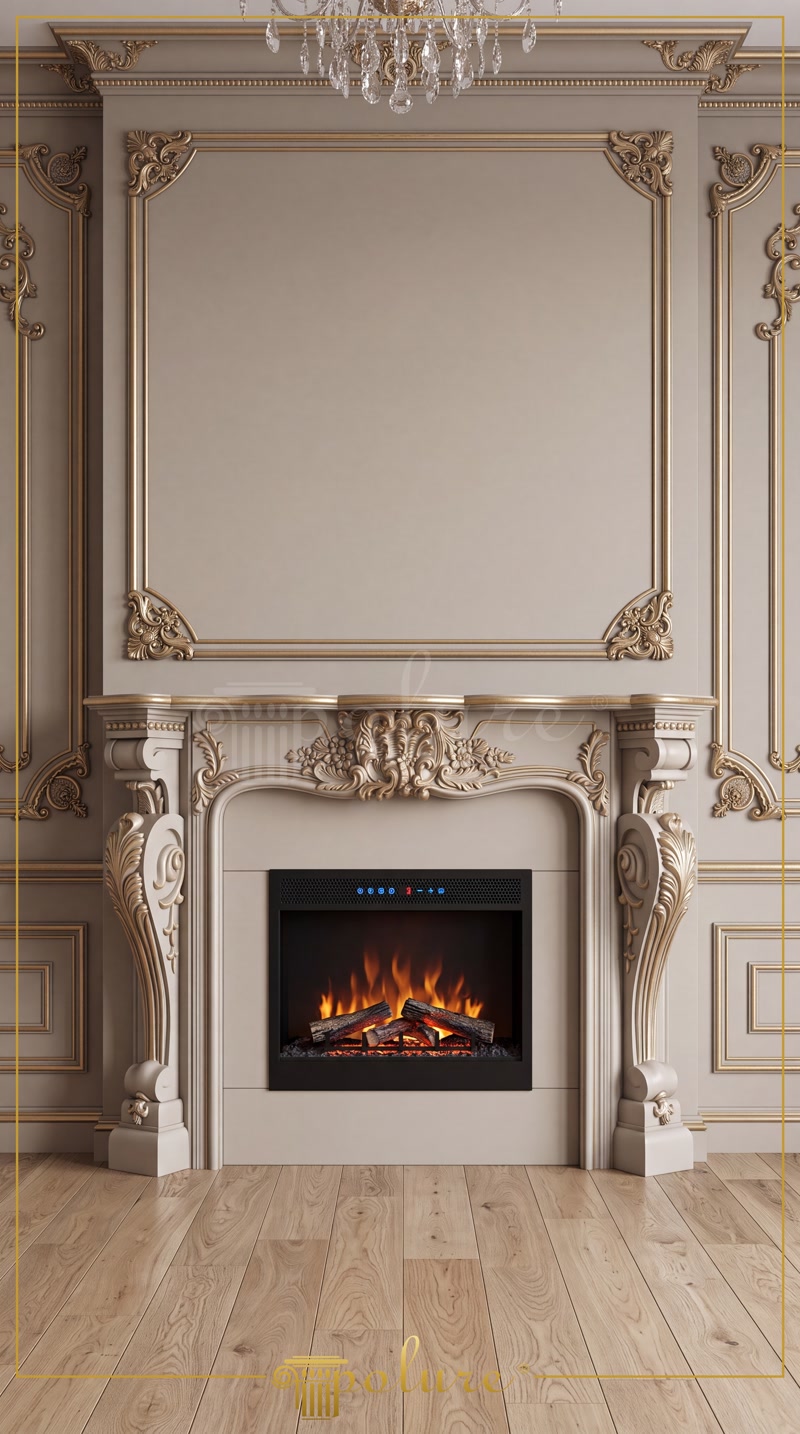 Șemineu sculptat și lambriuri greige cu accente aurii