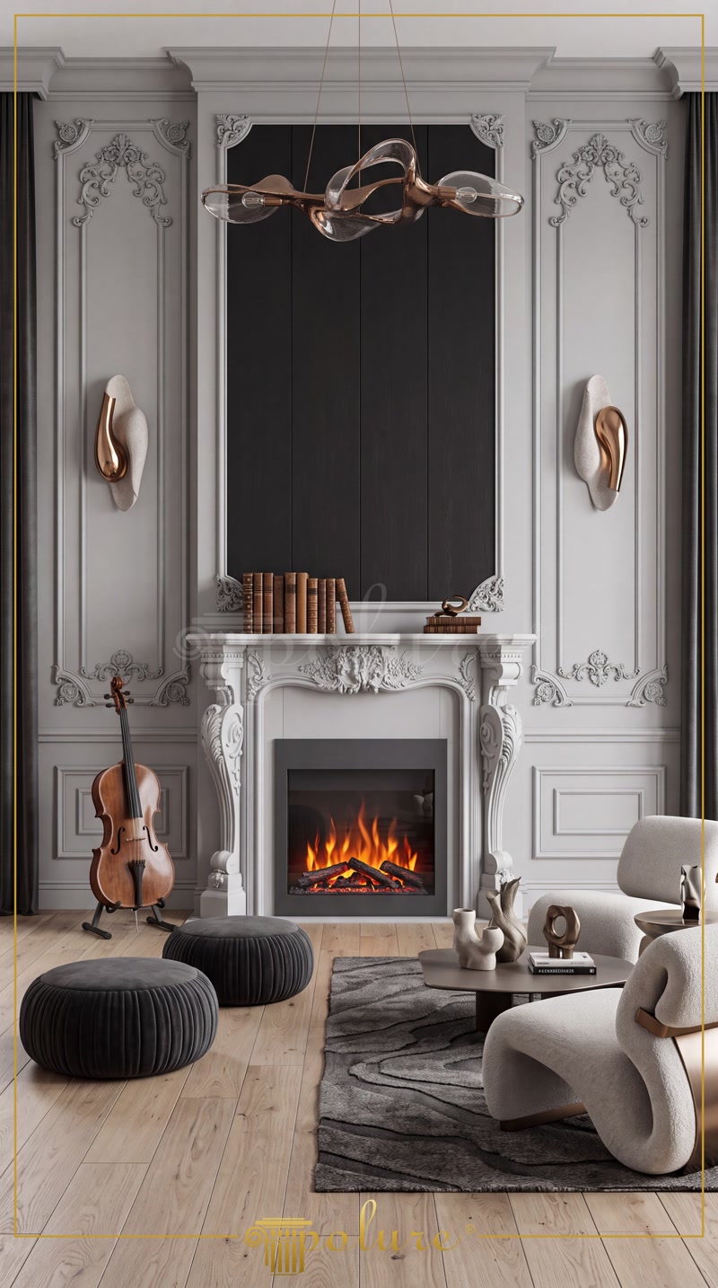 Living eclectic cu șemineu clasic și mobilier modern