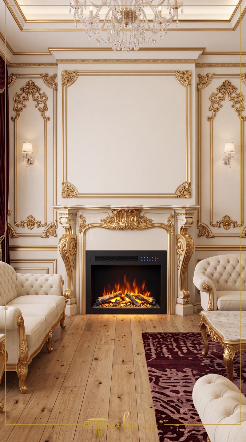 Salon clasic fildeș cu șemineu și ornamente aurii bogate
