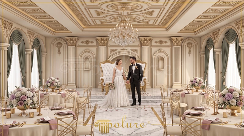 Sală de nuntă cu tavan casetat aurit și tronuri aurii