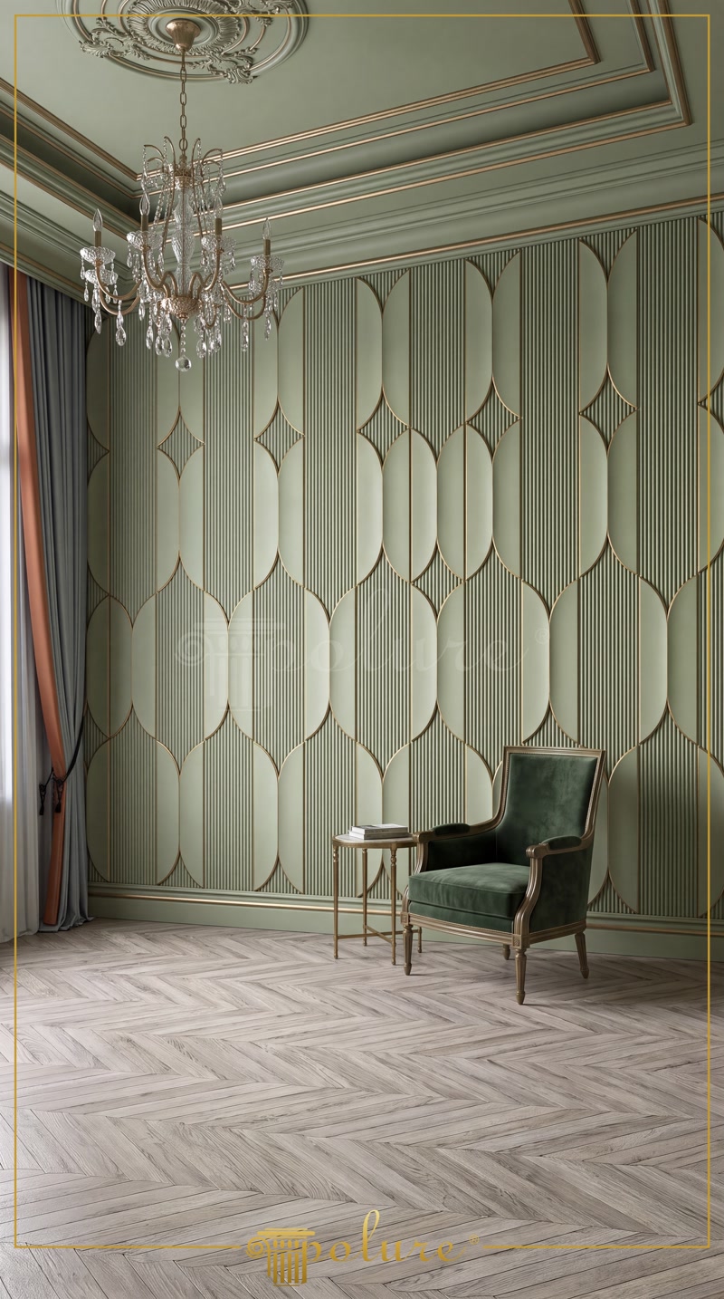 Perete decorativ 3D cu model geometric și linii aurii verde salvie