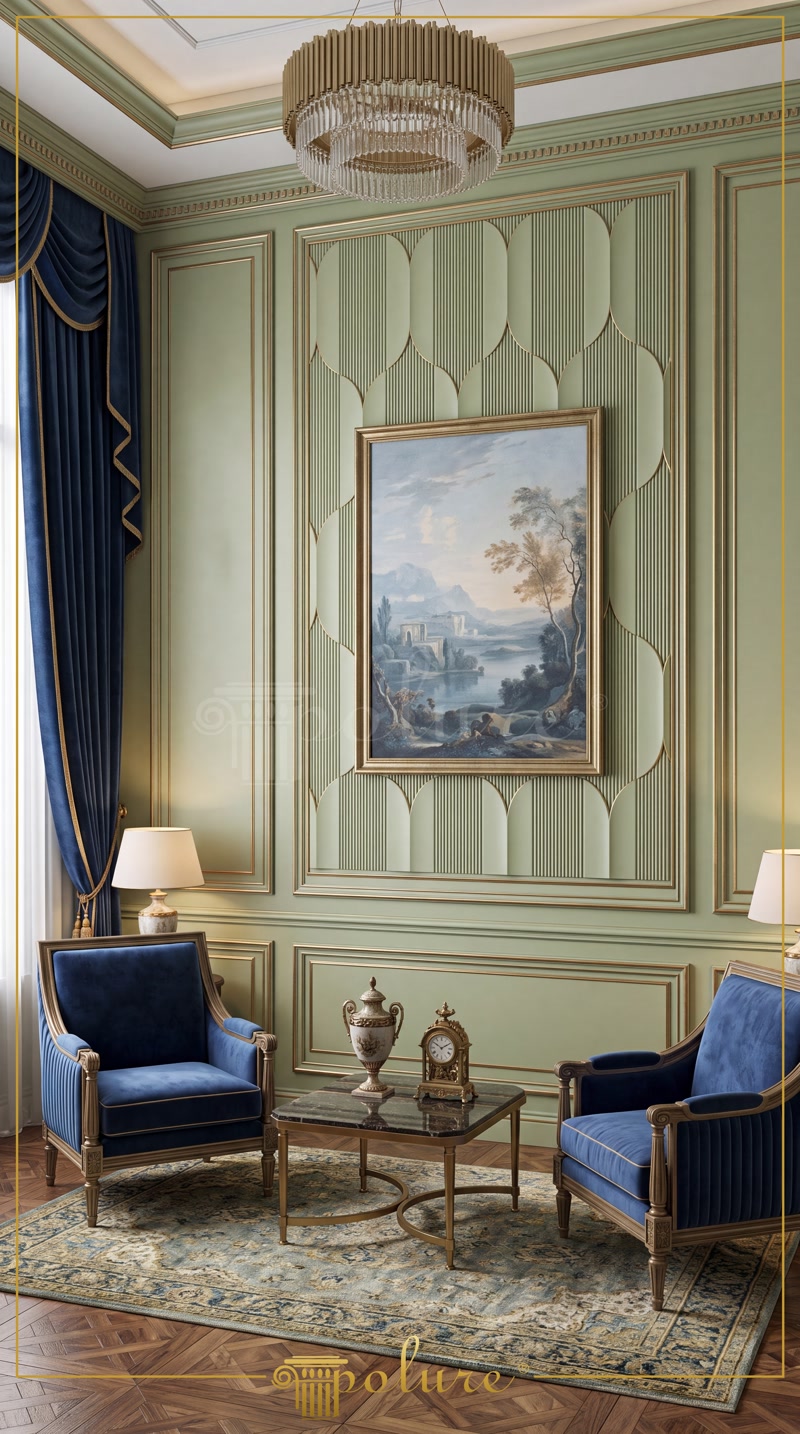 Salon verde salvie cu lambriu poliuretan si rame decorative