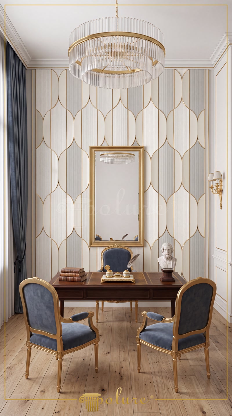 Cabinet crem cu lambriu poliuretan oval si oglinda aurita