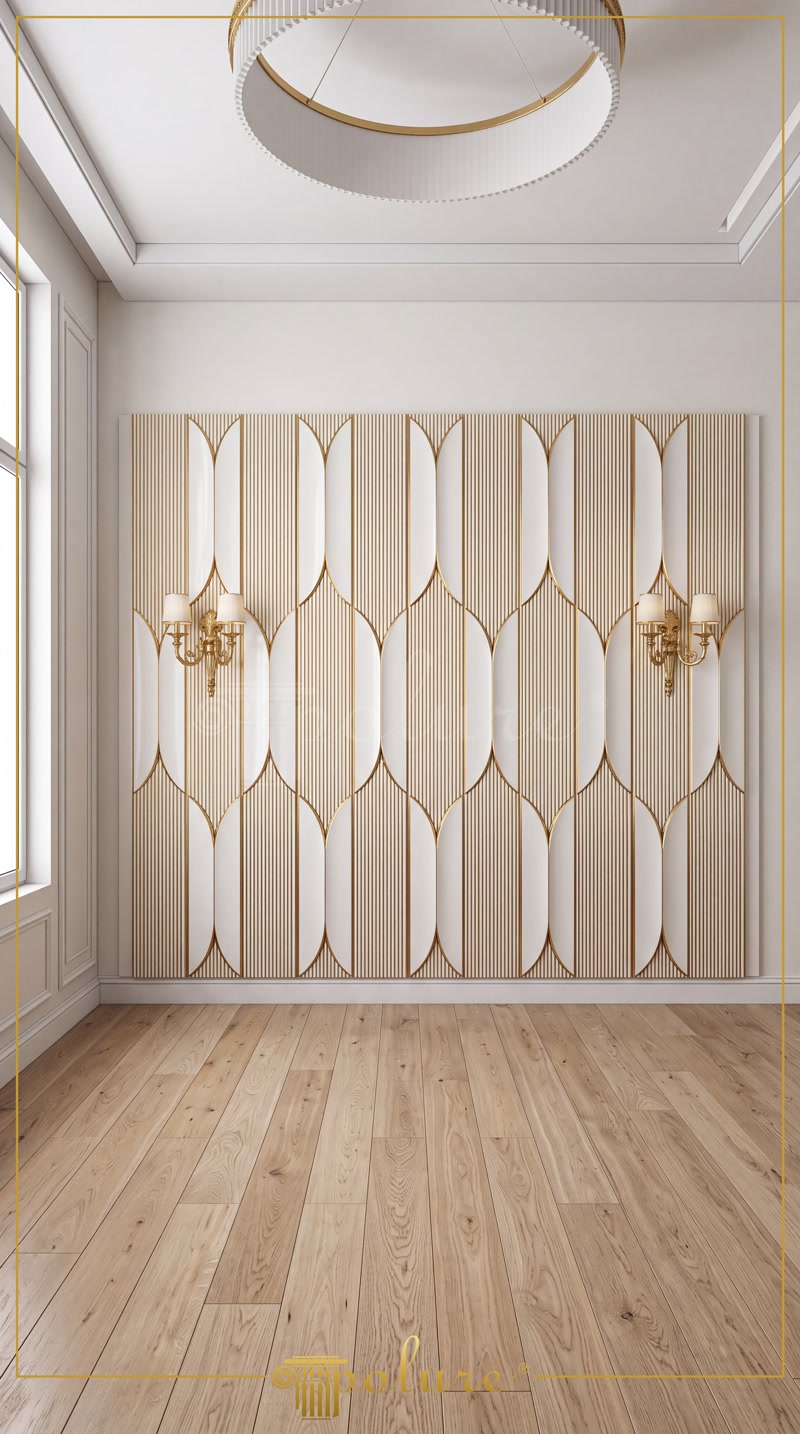 Panou decorativ din poliuretan cu model ogival pe perete crem