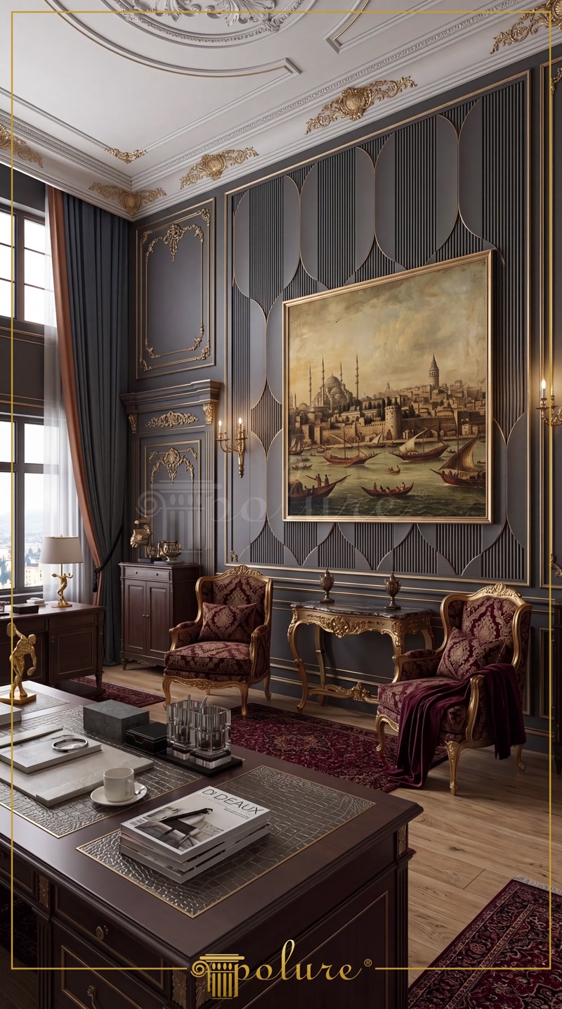 Birou aristocratic cu panou decorativ si tablou cu Istanbulul