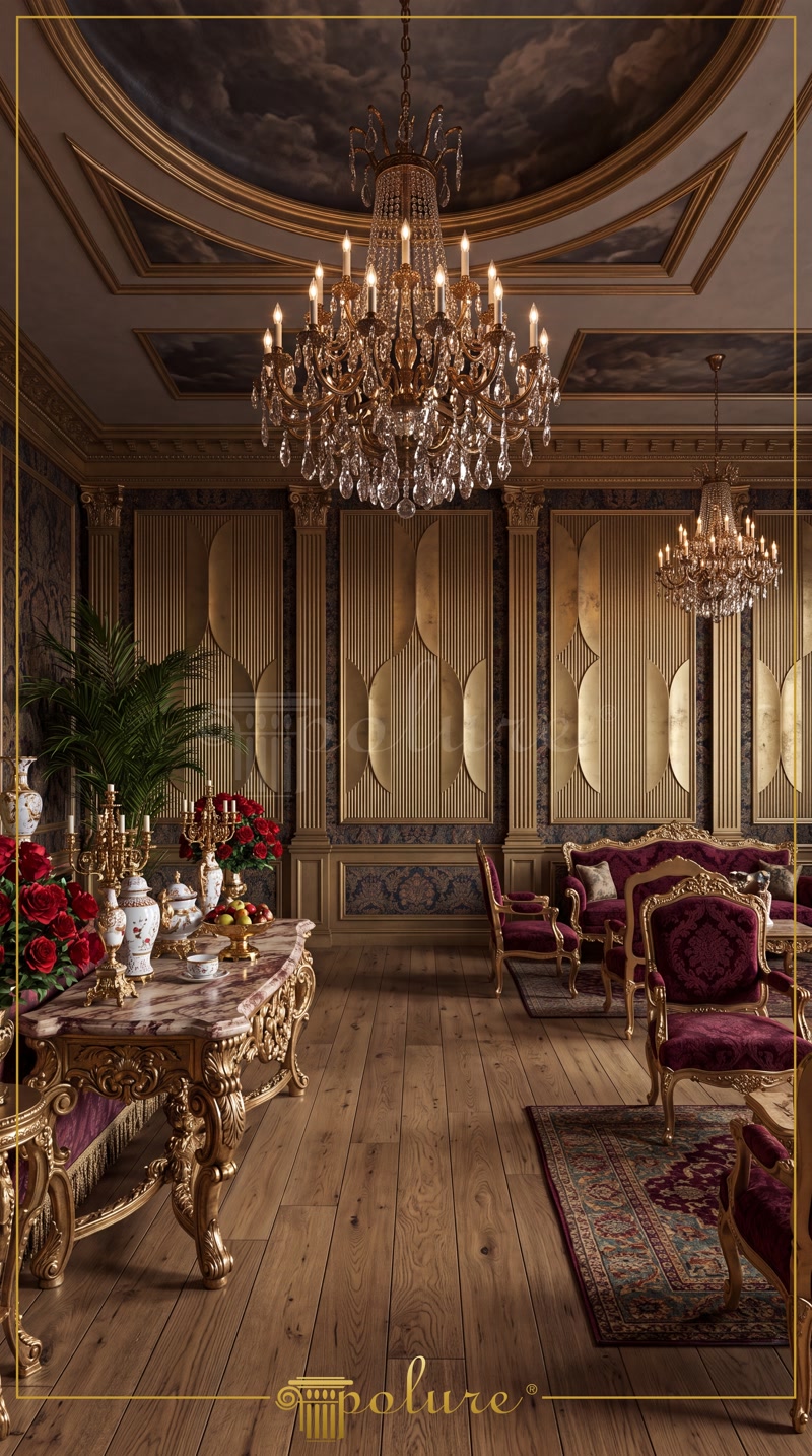 Salon grandios cu tavan pictat si panouri decorative aurite