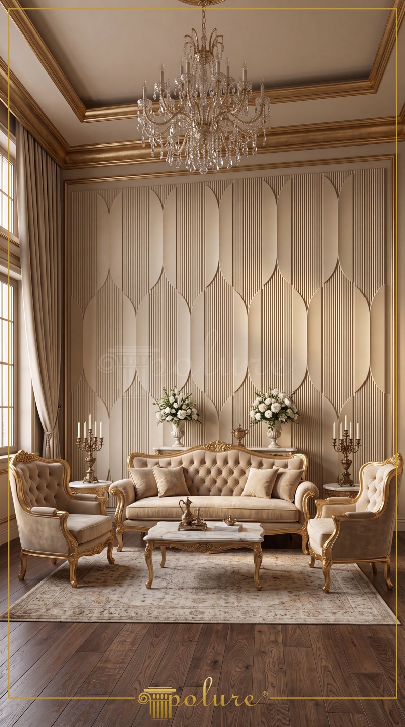 Living cald cu panou decorativ ogival crem pe intreaga inaltime