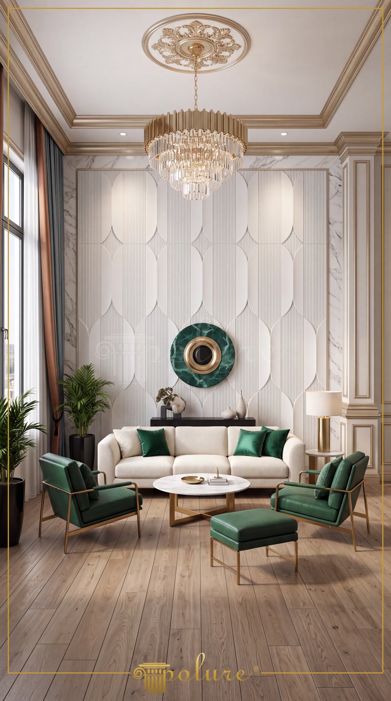 Living contemporan glam cu perete din poliuretan și rozetă aurie