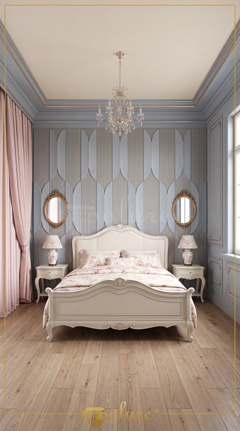 Dormitor bleu-gri romantic cu panouri ogivale, două rame ovale aurite și pat francez alb cu imprimeu floral