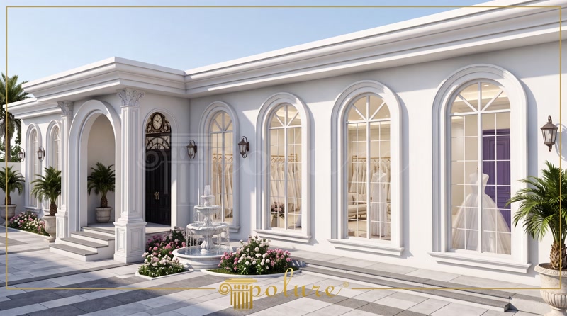 Fațadă de atelier de mirese cu ferestre arcuite și fântână florală