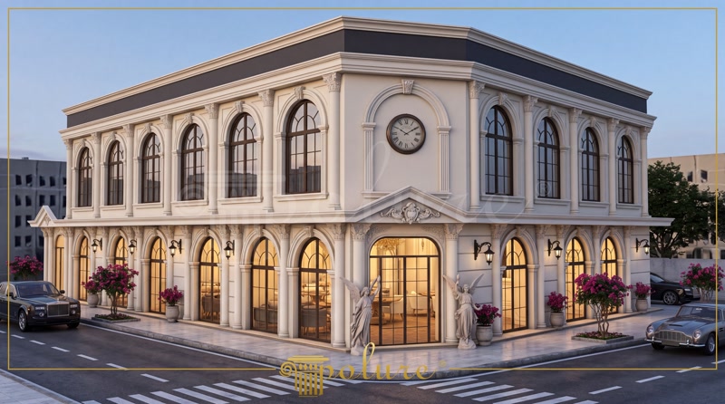 Clădire comercială de colț pe două niveluri cu ceas și statui