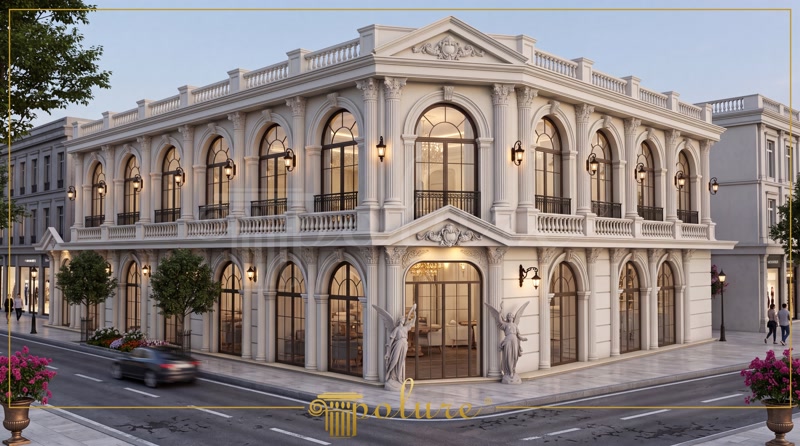 Clădire clasică de colț cu arcade pe două niveluri și balustrade