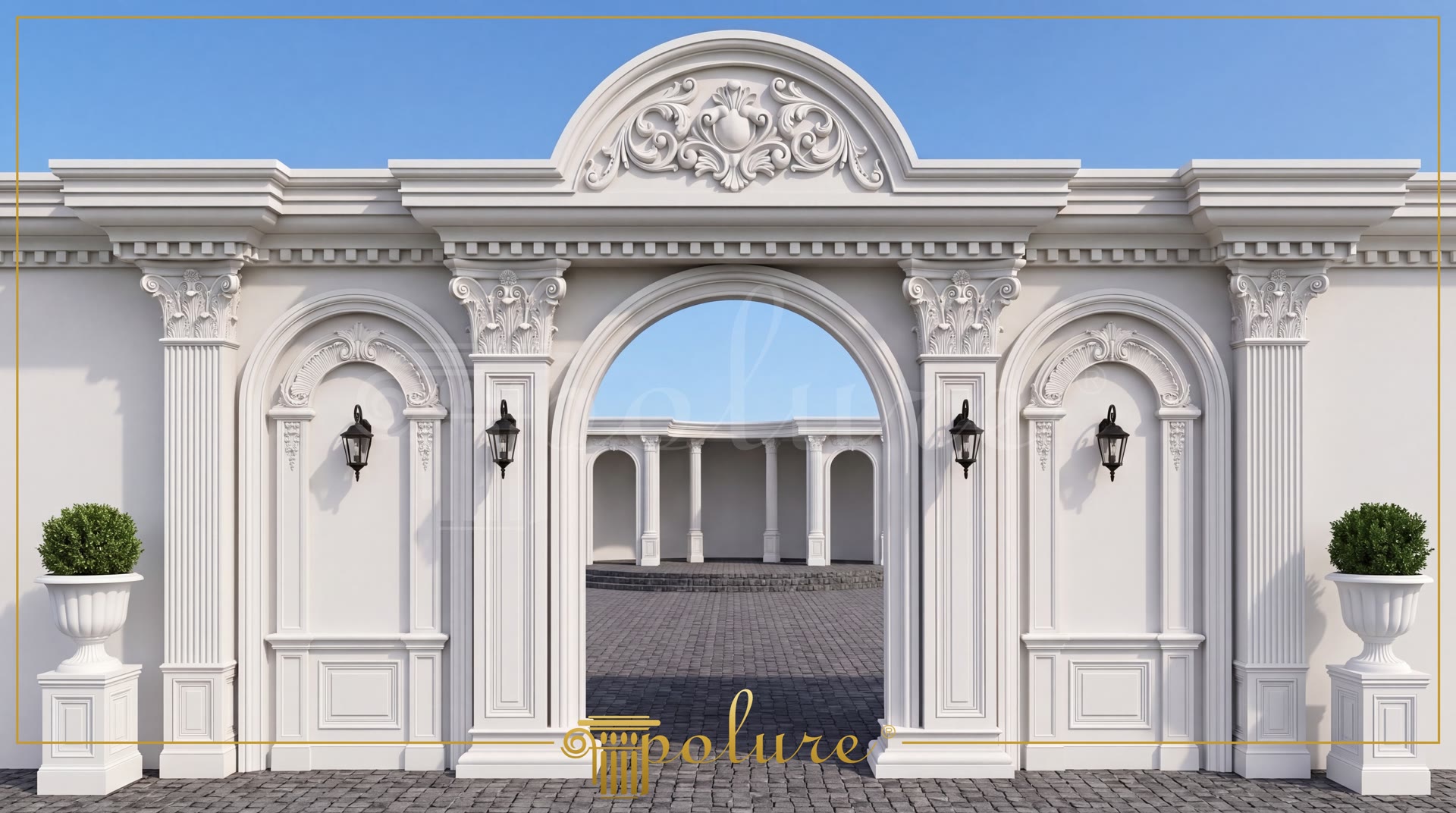 Portal decorativ de intrare din poliuretan cu arcadă rotundă, pilatri profilați și fronton sculptat stil neoclasic