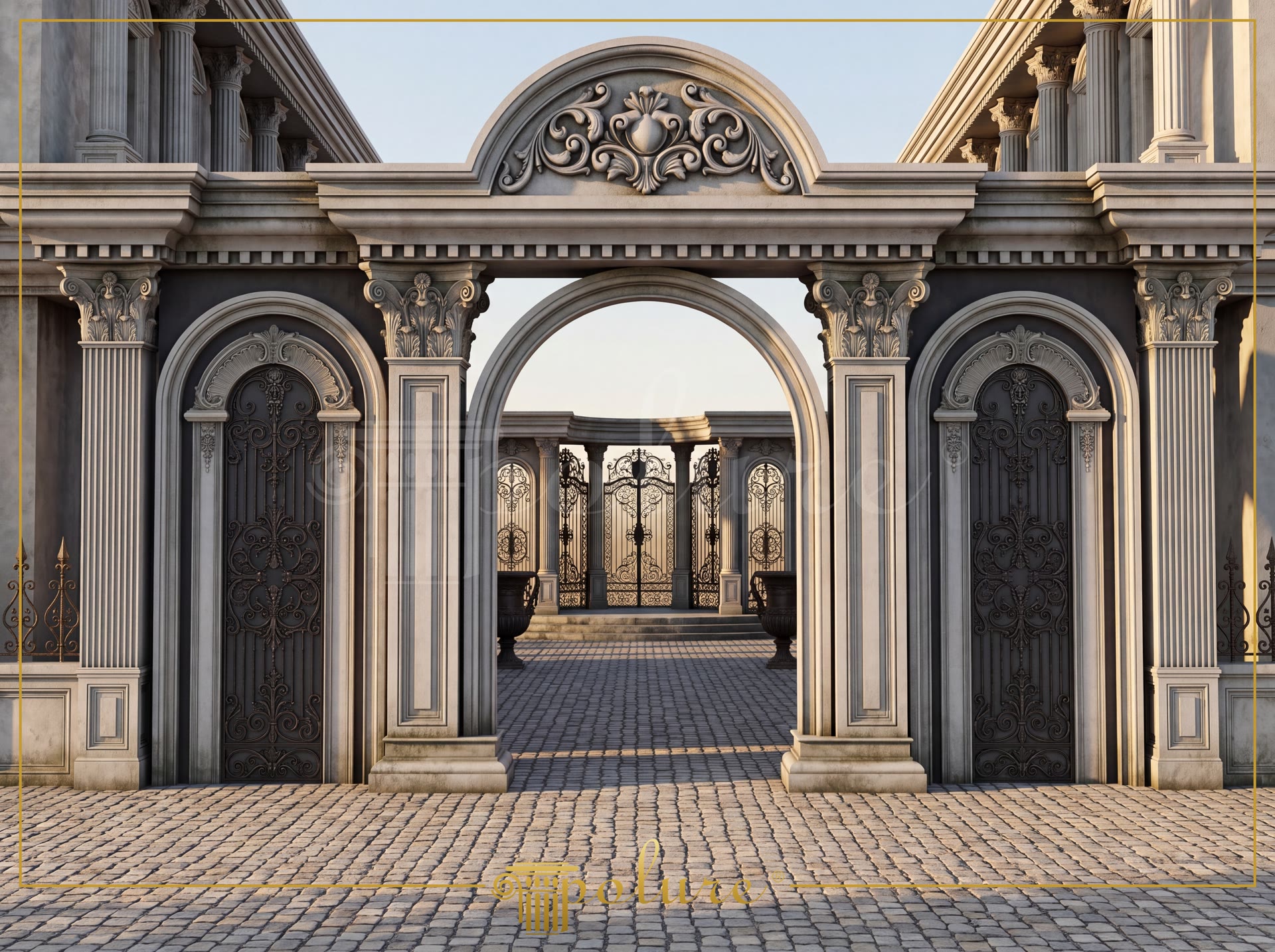Portal de intrare neoclasic din poliuretan cu arcadă centrală, pilatri decorați și fronton sculptat ornamental.