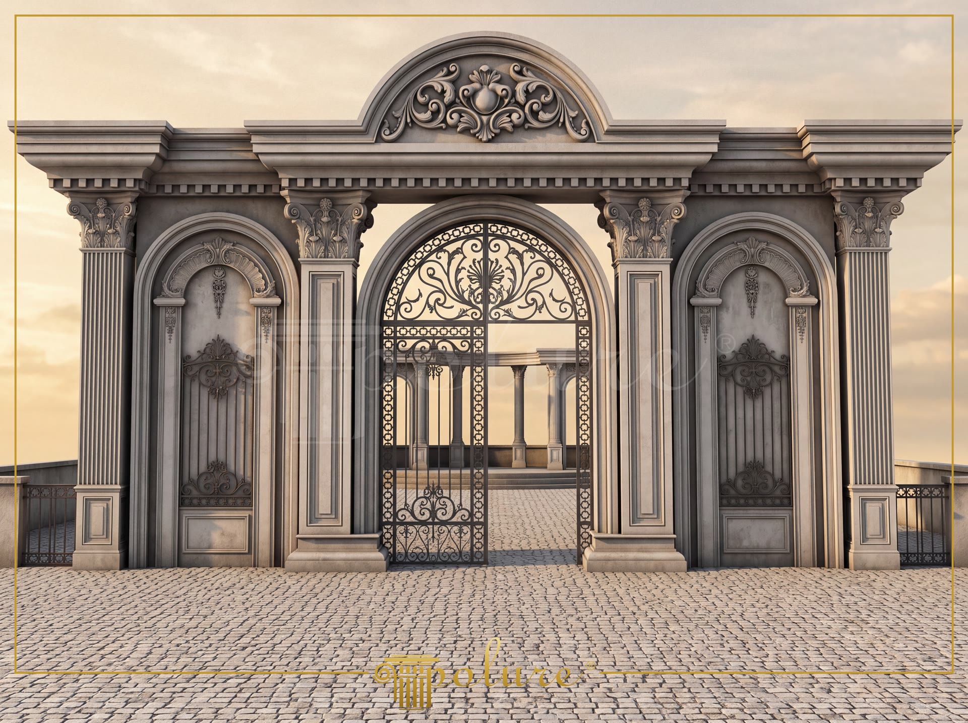 Portal monumental de exterior realizat din poliuretan cu arcadă centrală, pilastri și elemente ornamentale.