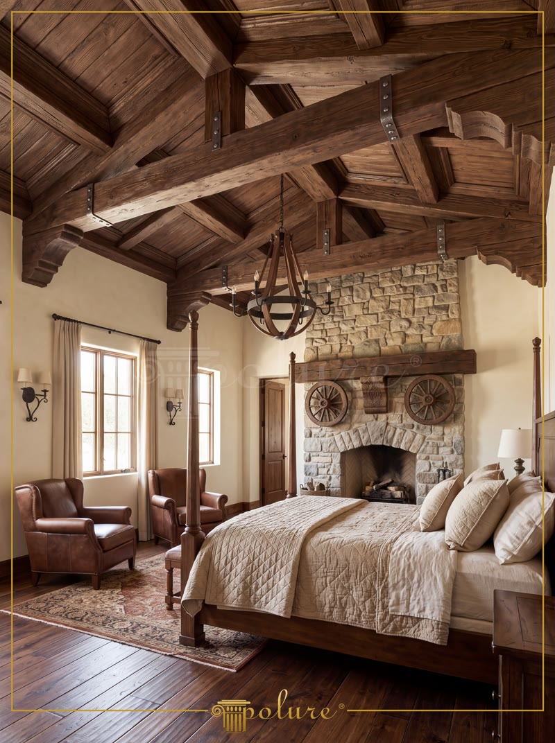 Dormitor rustic cu grinzi decorative și șemineu din cărămidă